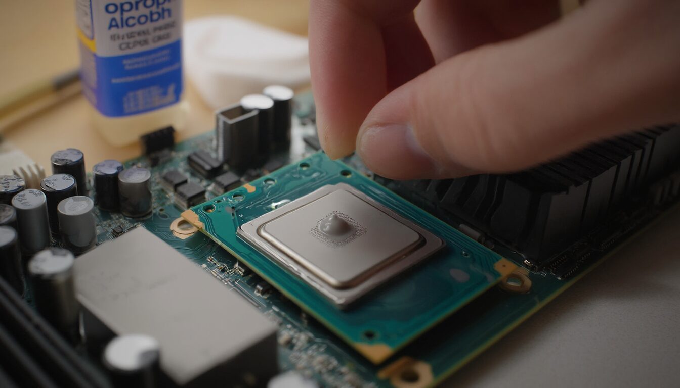 Erbsengroße Menge frische Wärmeleitpaste wird mittig auf eine Desktop-CPU aufgetragen