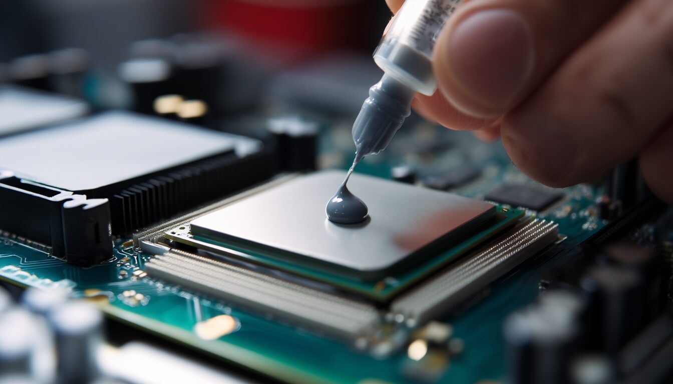 Erbsengroße Menge Wärmeleitpaste wird mittig auf den Heatspreader einer CPU im Mainboard-Sockel aufgetragen