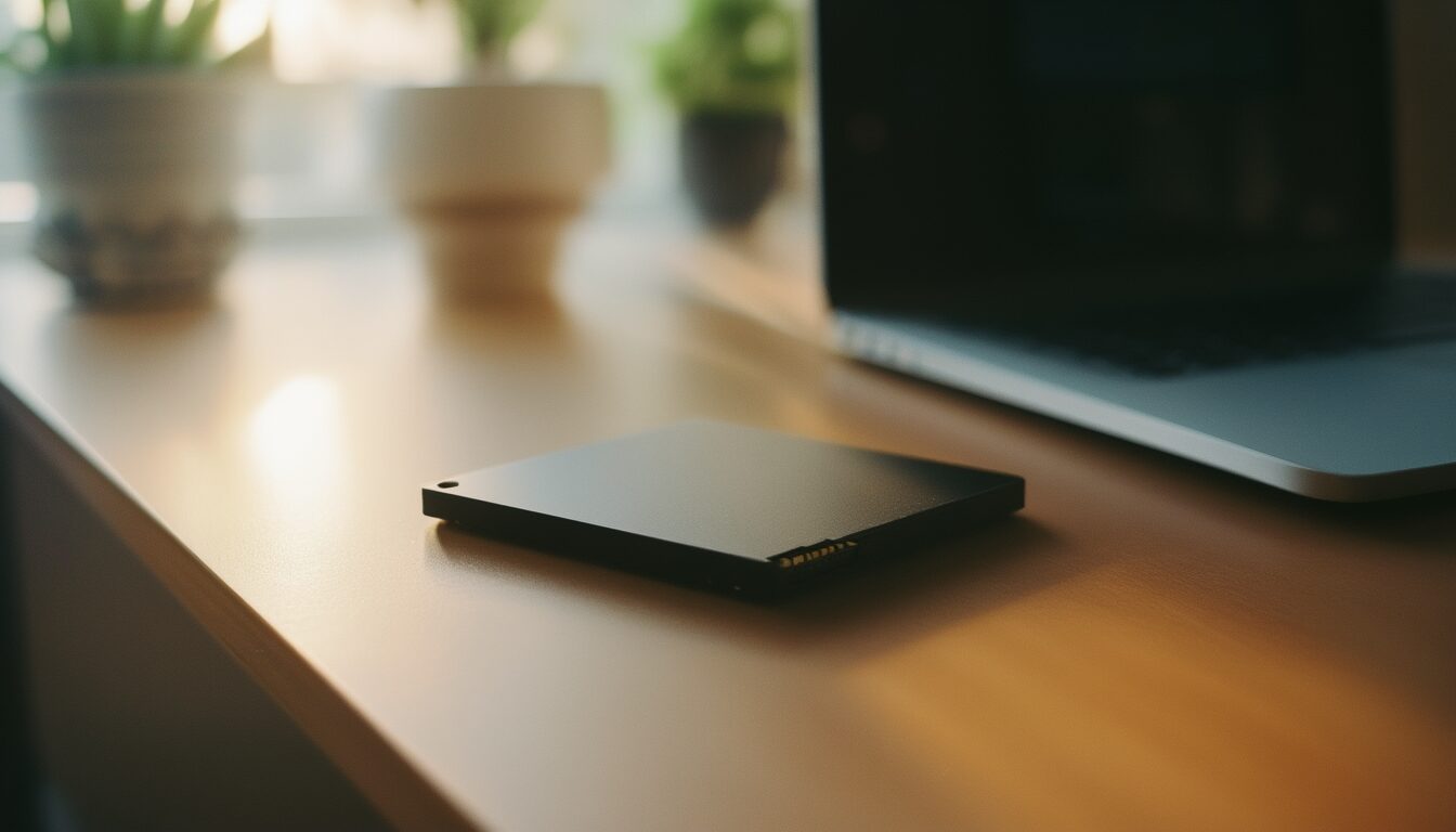 Externe SSD in der Hand neben einem Laptop als sichere Alternative zum Cloud-Speicher für sensible Daten