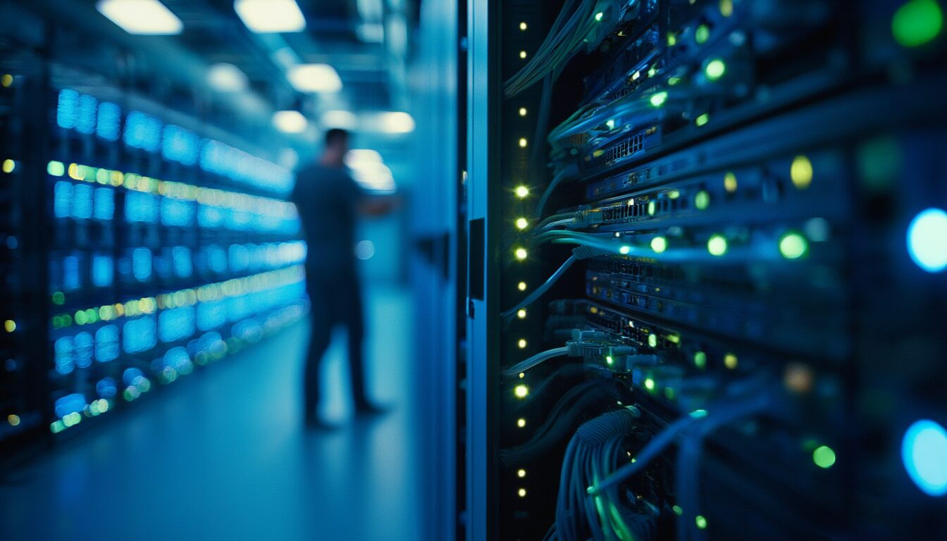 Serverschrank in einem Rechenzentrum mit leuchtenden Status-LEDs als Sinnbild für technische Datensicherheit