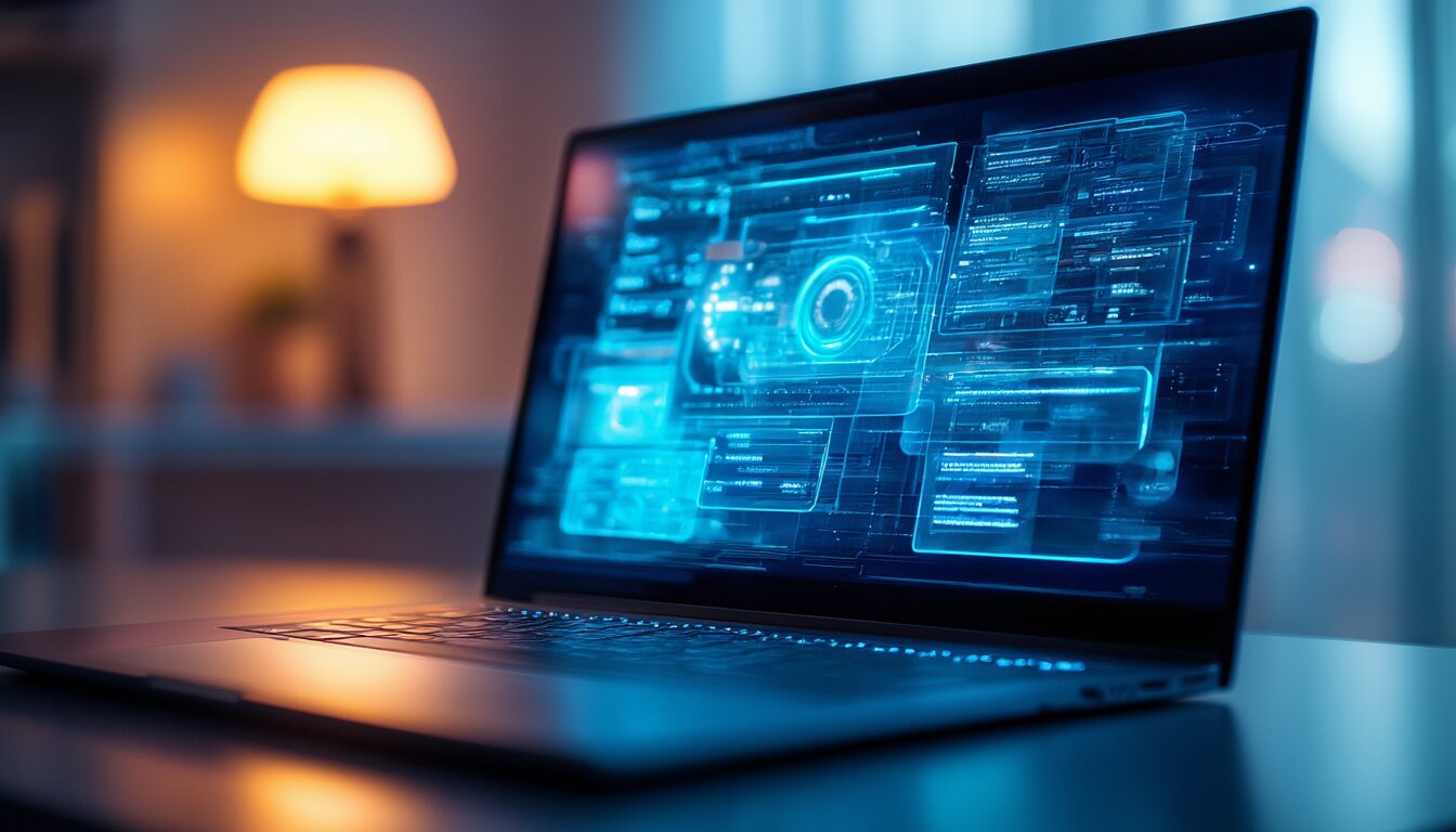 Laptop mit geschichteter Betriebssystem-Oberfläche als Symbol für Kernel, Treiber und Anwendungen