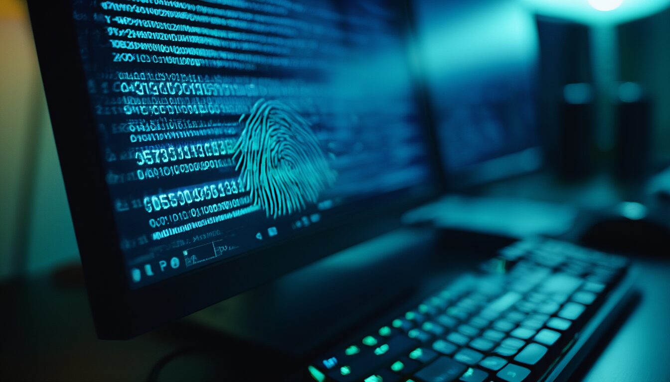 Bildschirm mit einer langen hexadezimalen Hashwert-Zeichenkette als digitaler Fingerabdruck