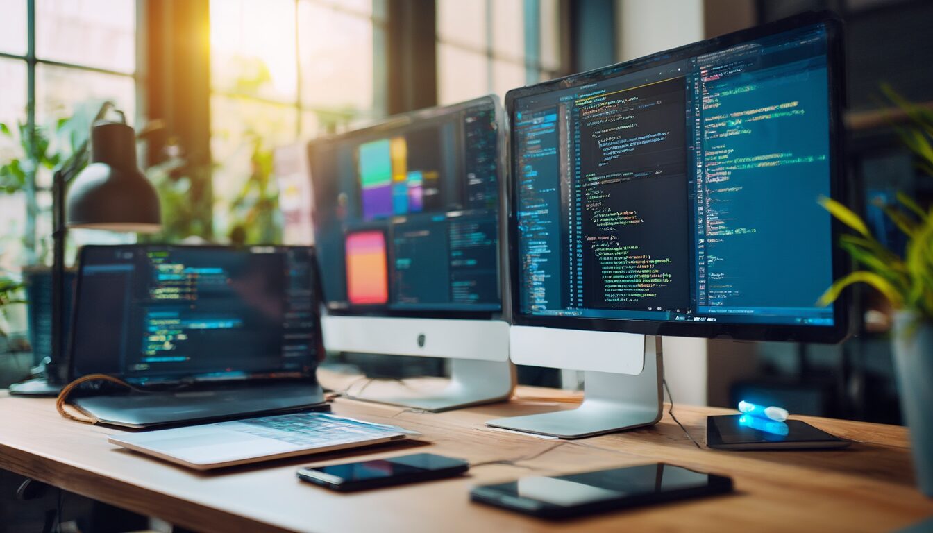 Arbeitsplatz mit Monitoren, Laptop und Smartphone zeigt verschiedene Software-Anwendungen und Programmcode