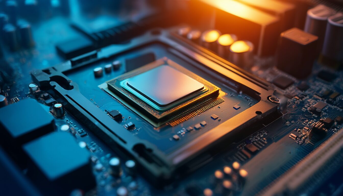 Welche Ressourcen verwaltet ein Betriebssystem? (CPU, RAM & Co.) 1 Computer-Mainboard mit CPU, RAM-Modulen und SSD als Sinnbild für die vom Betriebssystem verwalteten Ressourcen