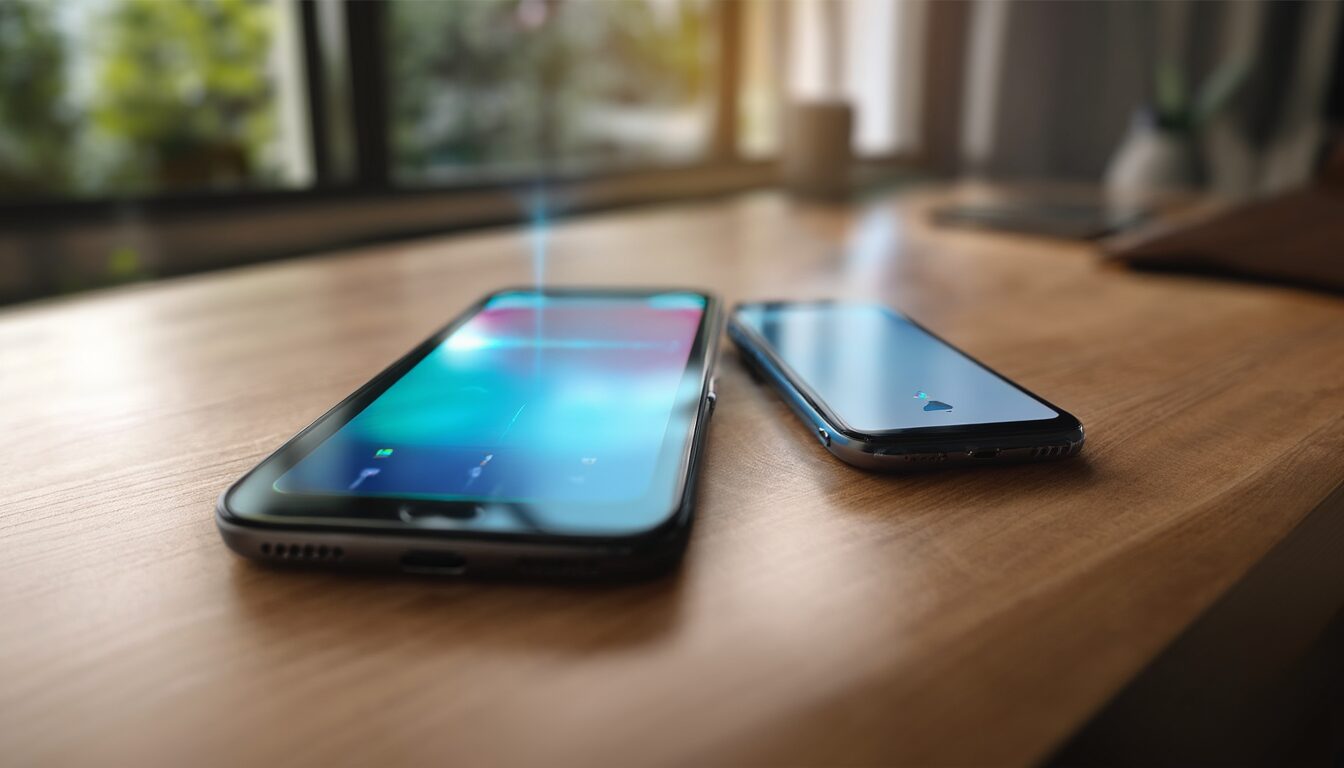 Zwei Smartphones liegen nebeneinander auf einem Schreibtisch und übertragen WhatsApp-Daten