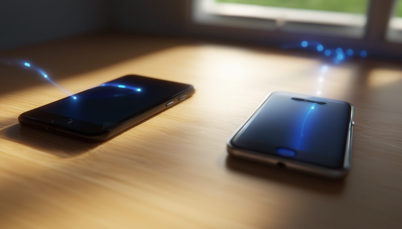 Android-Smartphone und iPhone nebeneinander auf einem Schreibtisch während der WhatsApp-Datenübertragung