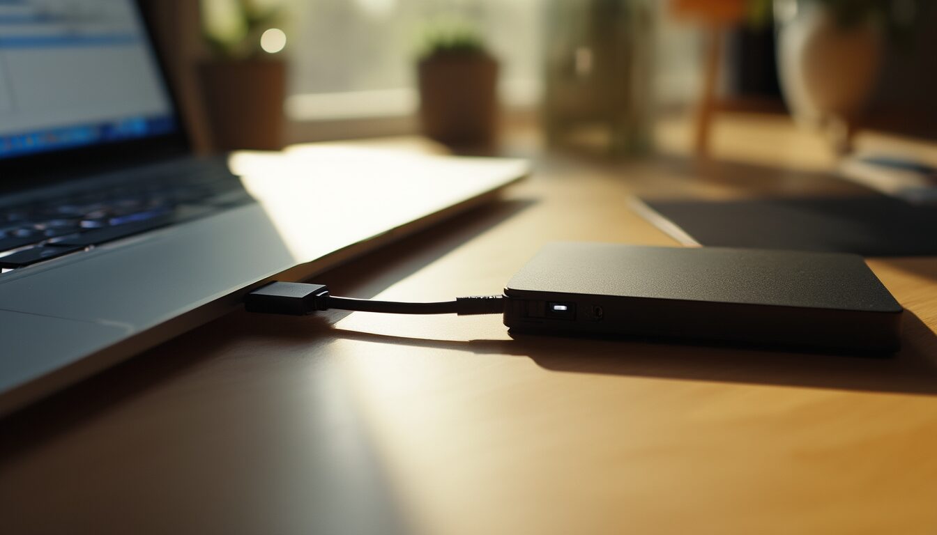 Externe Festplatte am Laptop auf einem Schreibtisch zu Hause als Backup für persönliche Daten