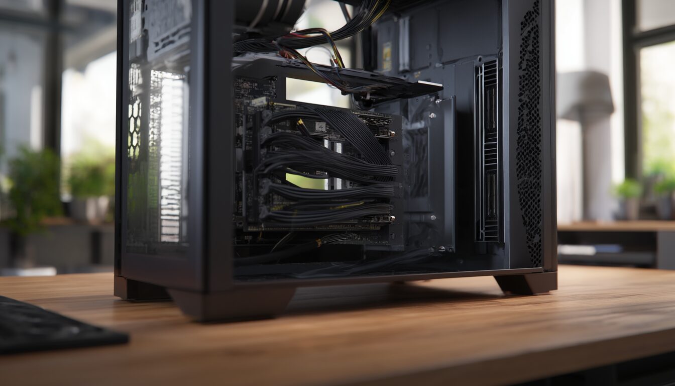 Geöffnetes PC-Gehäuse mit sichtbarem Netzteil und verkabelter Grafikkarte auf einer Werkbank