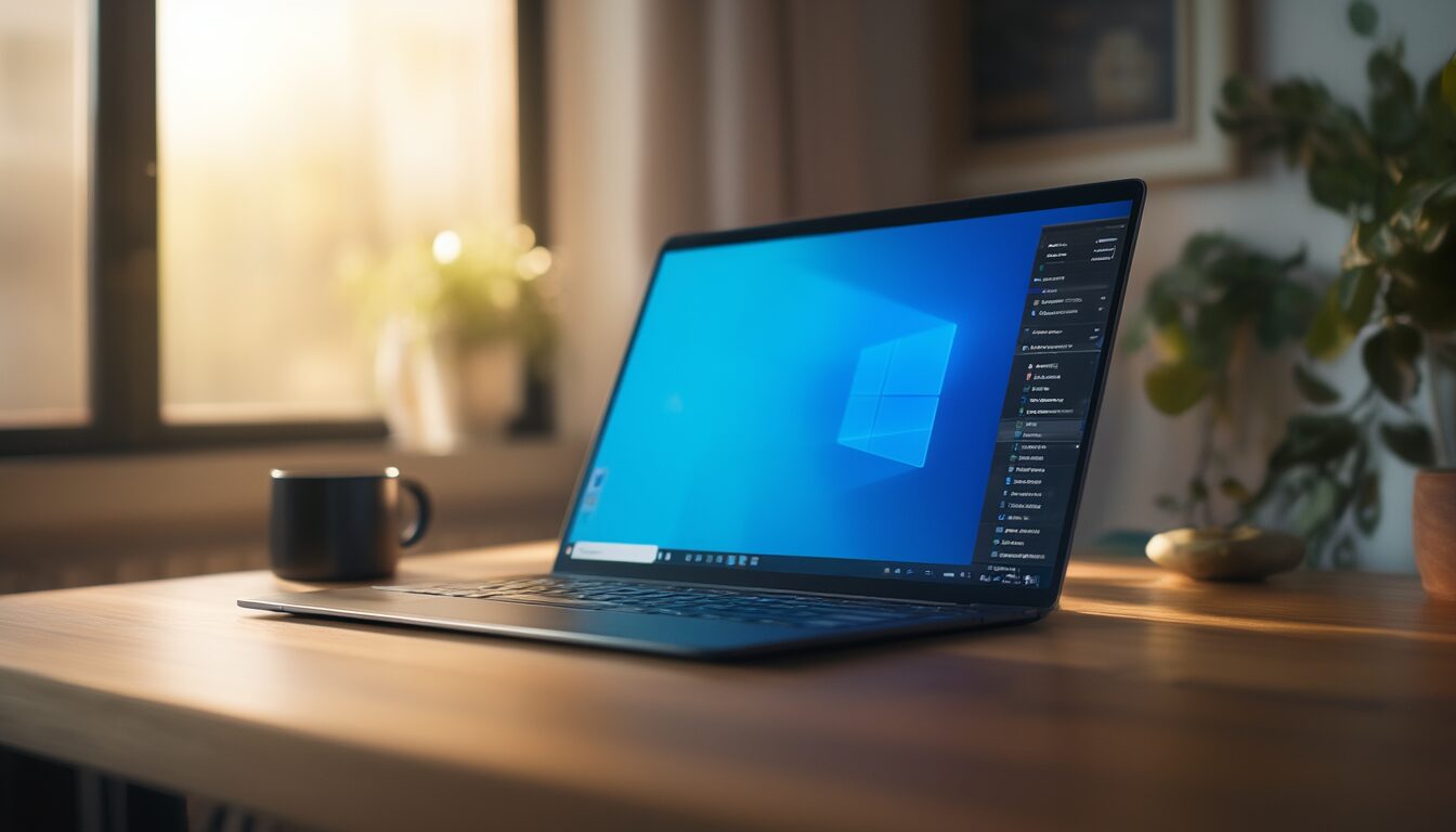 Laptop auf einem Schreibtisch mit geöffneten Systemeinstellungen als Symbolbild für Windows 10 nach dem Support-Ende