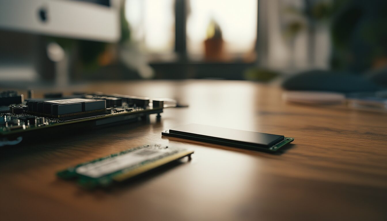 Hände bauen RAM und eine SSD in einen Windows-10-PC ein, um die Leistung zu optimieren