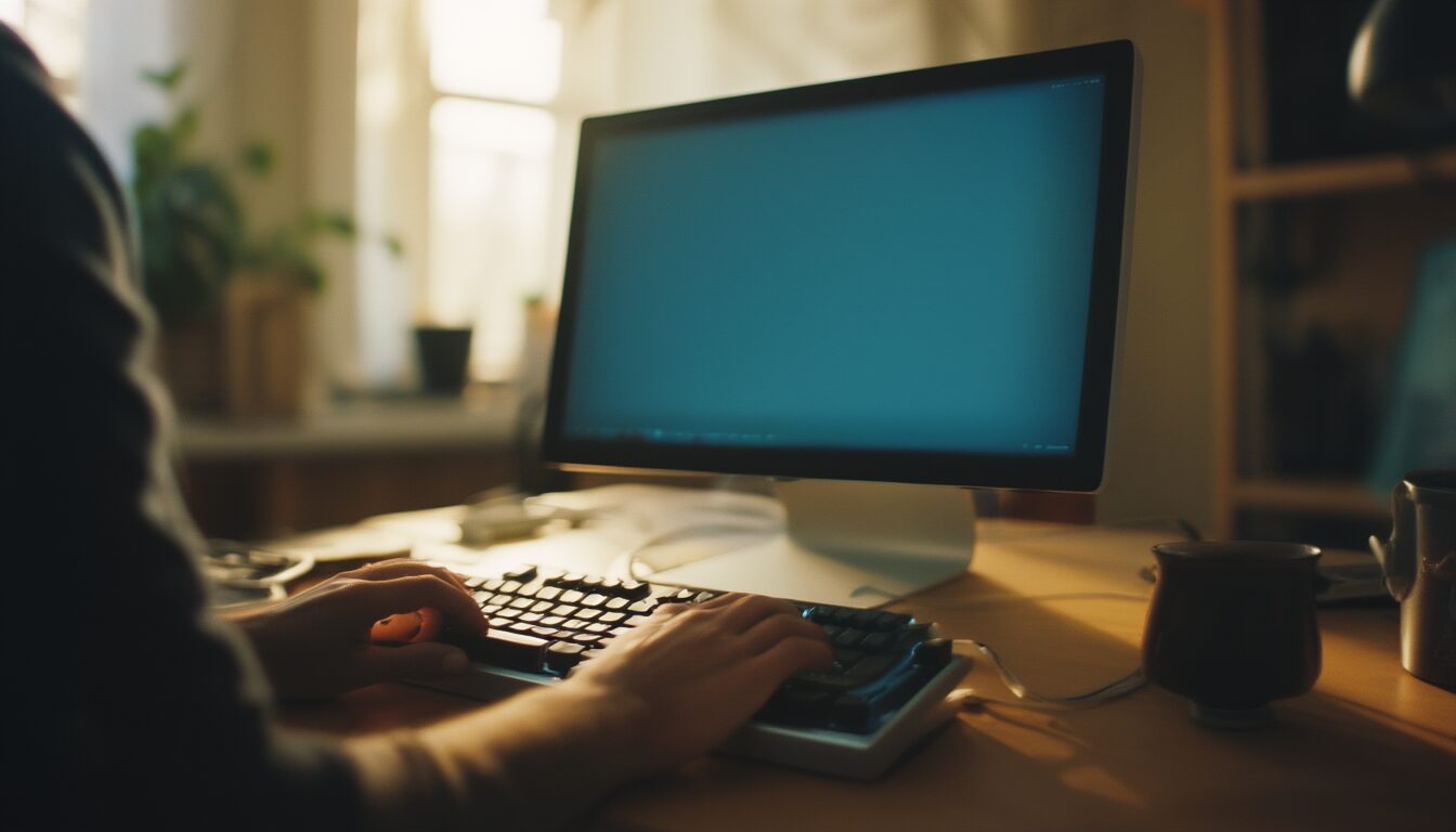 Person am Schreibtisch behebt einen Windows-Update-Fehler am Computer