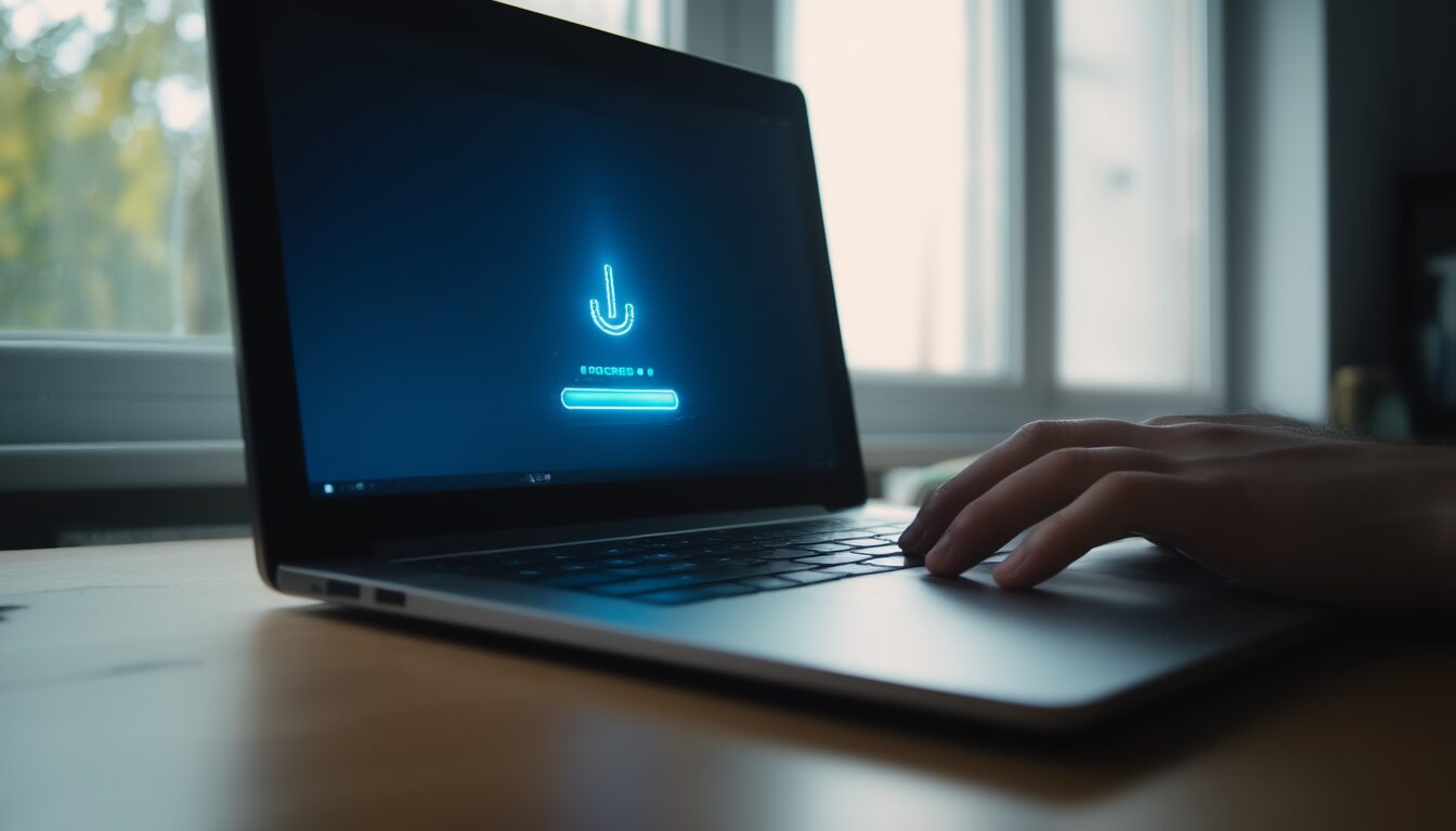 Laptop auf einem Schreibtisch während eines laufenden Windows-Update-Vorgangs