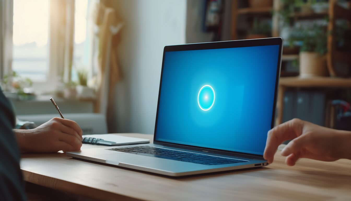 Laptop auf einem Schreibtisch mit hängendem Update-Bildschirm und Werkzeug daneben als Symbolbild für den Windows-10-Fehler 0x80070020