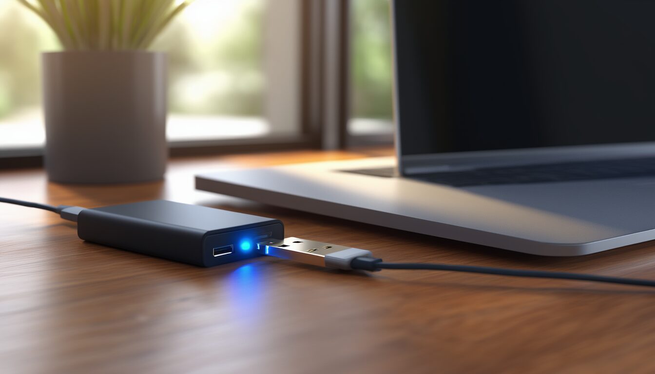 Externe USB-Festplatte am Laptop für ein Windows-11-Backup auf einem Schreibtisch