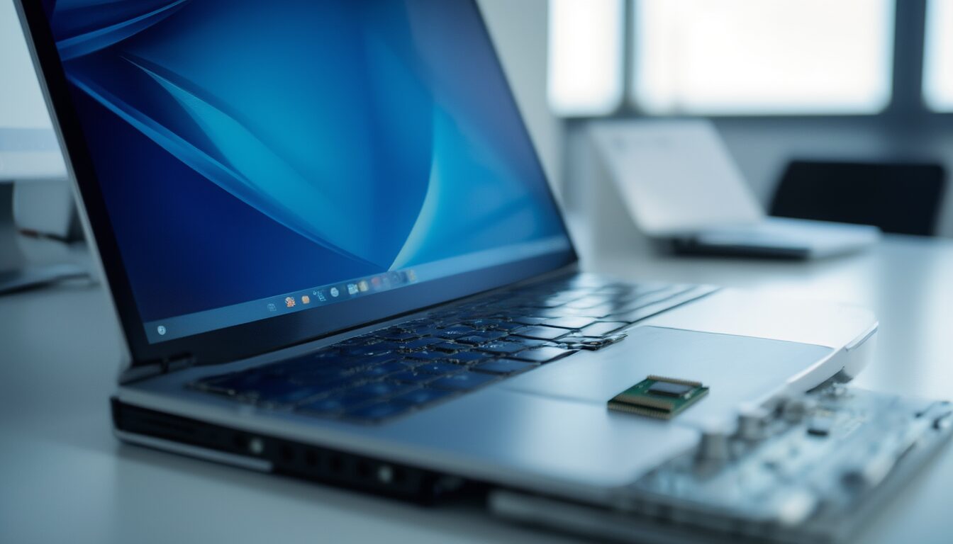 Moderner Laptop neben einem Mainboard mit Sicherheitschip als Symbol für die Hardware-Sicherheit von Windows 11