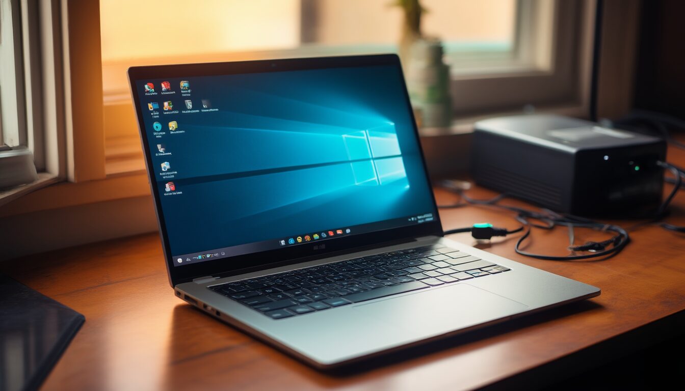 Älterer Laptop mit Linux-Desktop, daneben USB-Stick und externe Festplatte als Sinnbild für den Umstieg von Windows ohne Datenverlust