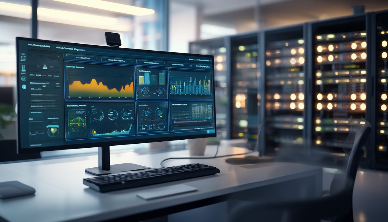 Administrator verwaltet Windows-Server über ein browserbasiertes Dashboard am Widescreen-Monitor
