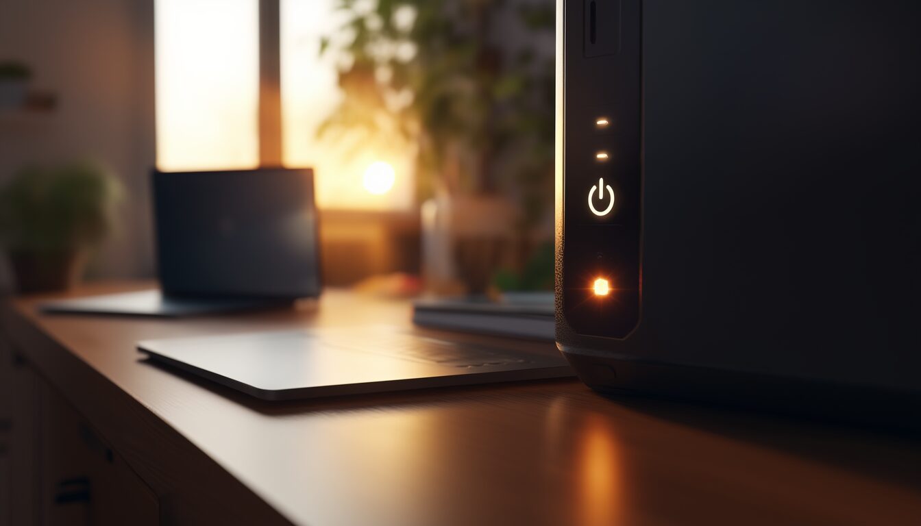 Desktop-PC fährt auf einem aufgeräumten Schreibtisch hoch und zeigt einen schnellen Windows-Start