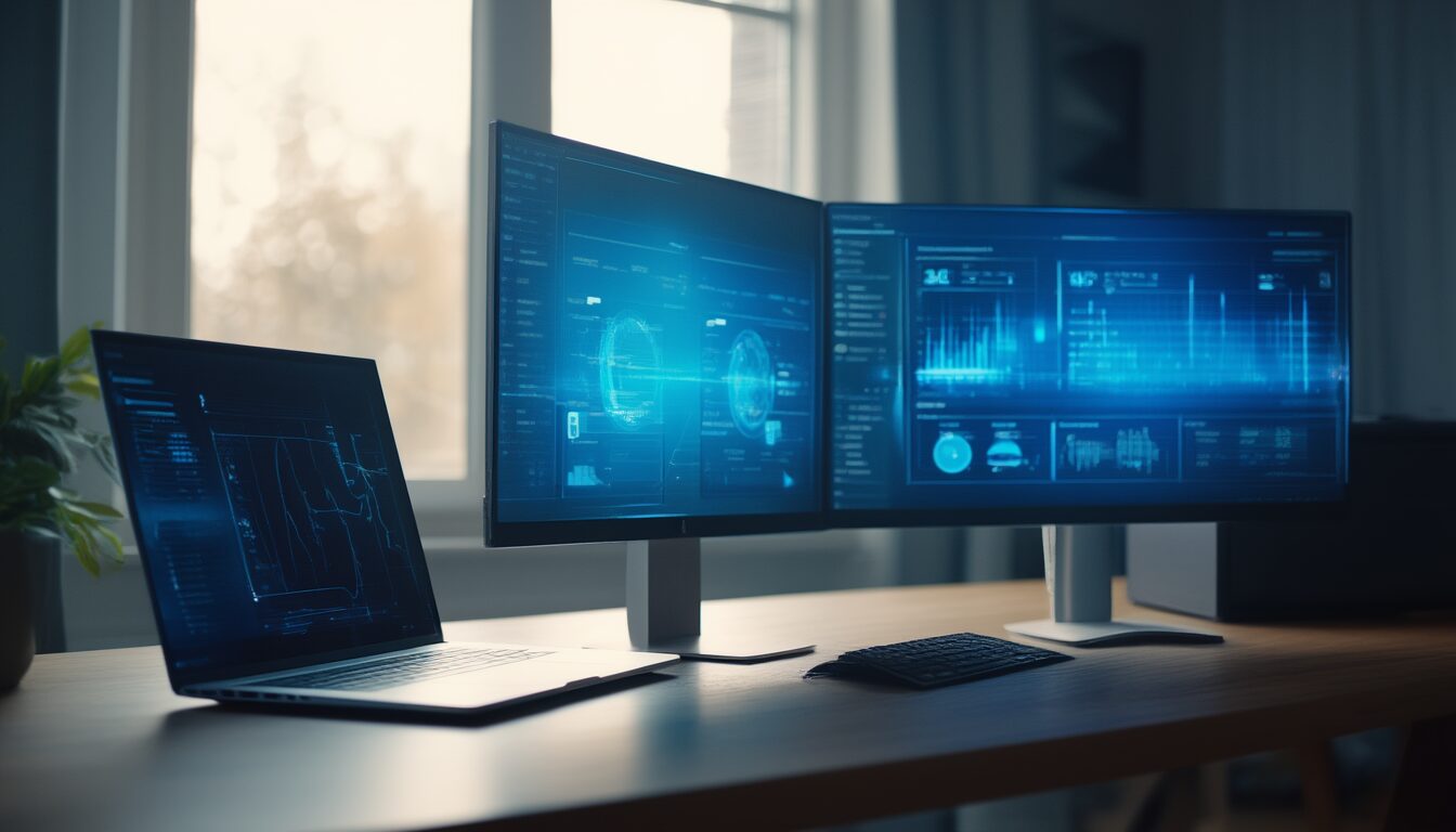 Windows-Bordmittel: PC schneller machen ohne Extra-Tools 1 Moderner Windows-PC und Laptop auf dem Schreibtisch bei der Systemwartung mit Bordmitteln