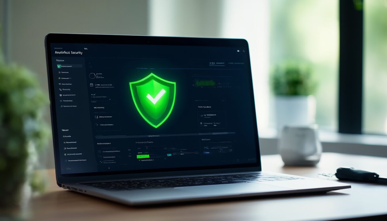 Laptop zeigt die Windows-Sicherheit mit grünem Schild und aktivem Viren- und Bedrohungsschutz