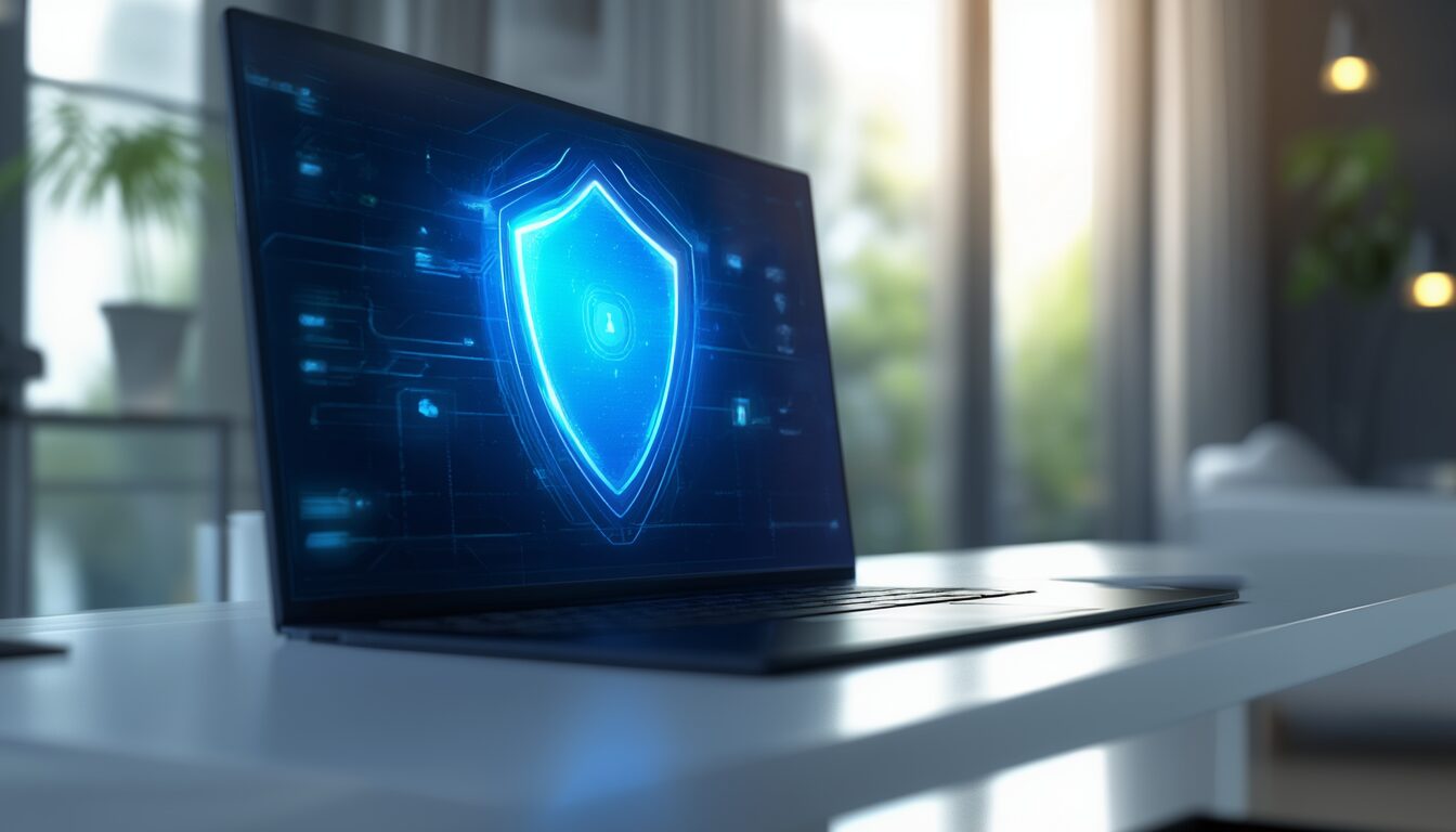 Laptop auf einem Schreibtisch zeigt ein blaues Sicherheits-Schild als Symbol für den Windows Defender Virenschutz