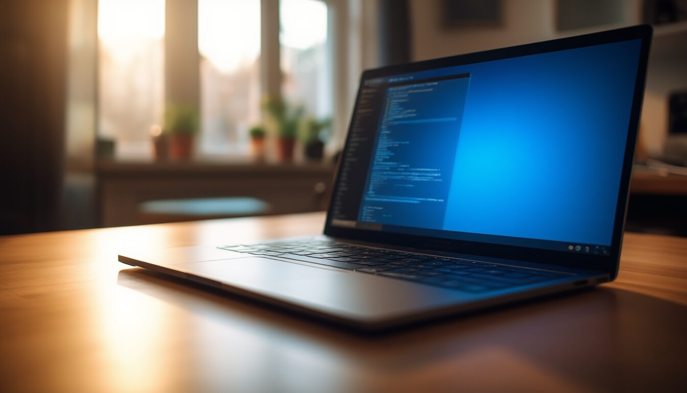Techniker bearbeitet an einem Laptop ein Windows-Update über die Eingabeaufforderung an einem Schreibtisch im Homeoffice