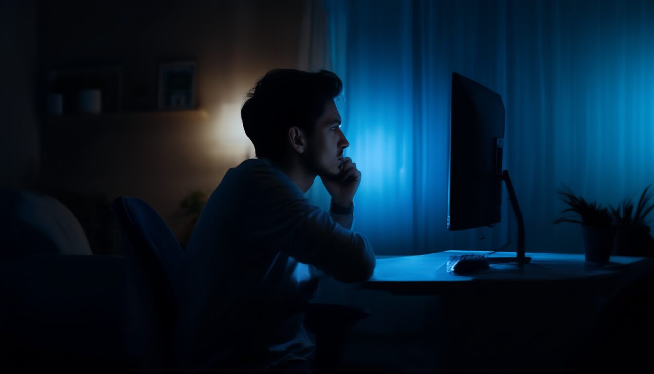 Person sitzt nachdenklich vor einem PC, während eine Windows-Installation auf dem Bildschirm hängt