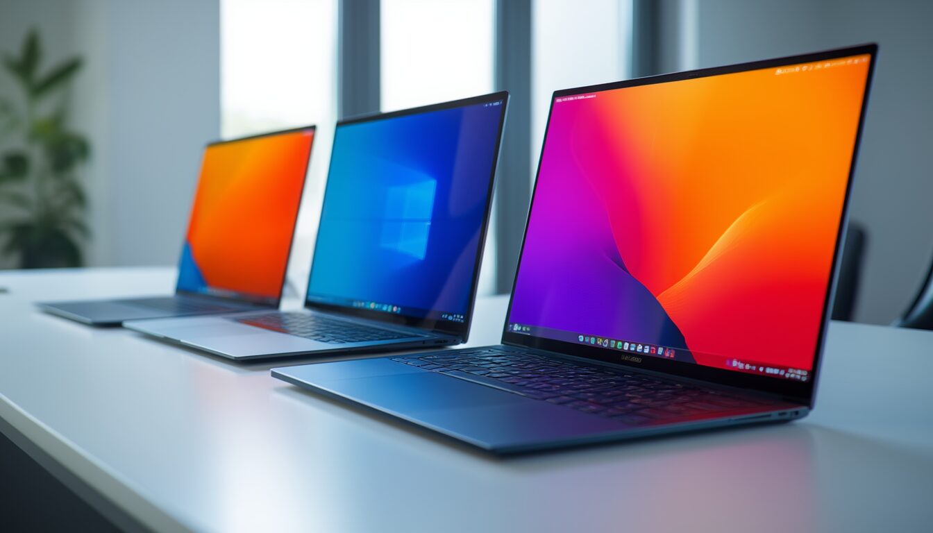 Drei Laptops nebeneinander symbolisieren den Vergleich der Betriebssysteme Windows, macOS und Linux