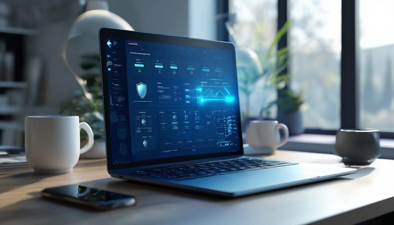 Laptop auf einem Schreibtisch zeigt die Sicherheitseinstellungen von Windows 11