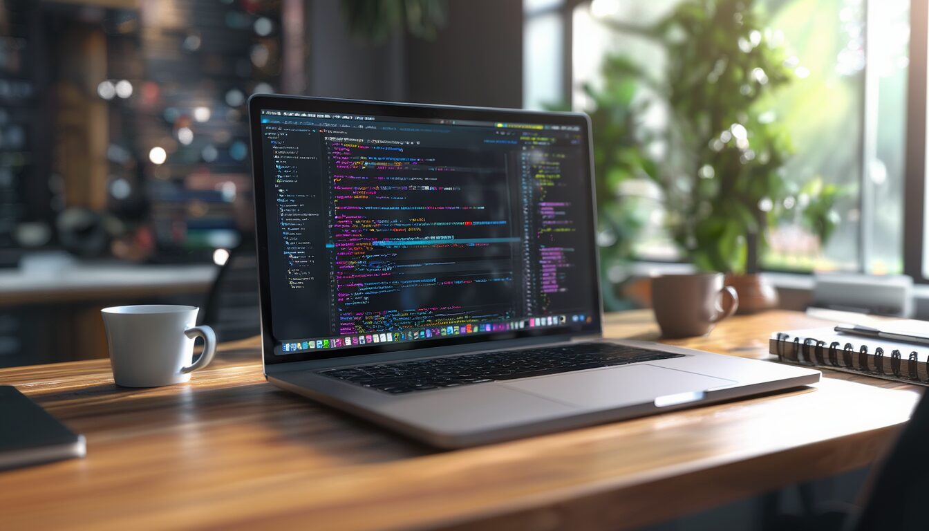 Entwicklerarbeitsplatz mit MacBook und geöffneter Entwicklungsumgebung auf dem Bildschirm