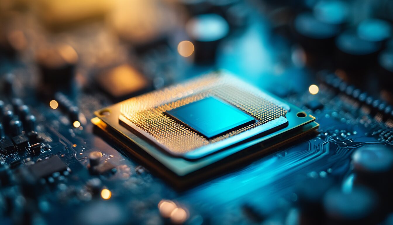 Moderner Desktop-Prozessor auf einem Mainboard als Symbol für 32-Bit- und 64-Bit-Architektur