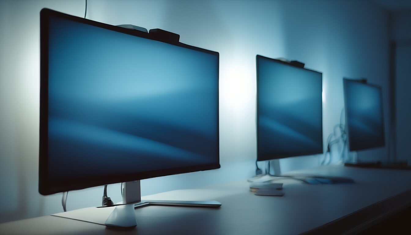 Drei moderne Monitore nebeneinander auf einem Schreibtisch zeigen unterschiedlich flüssige Bewegungen