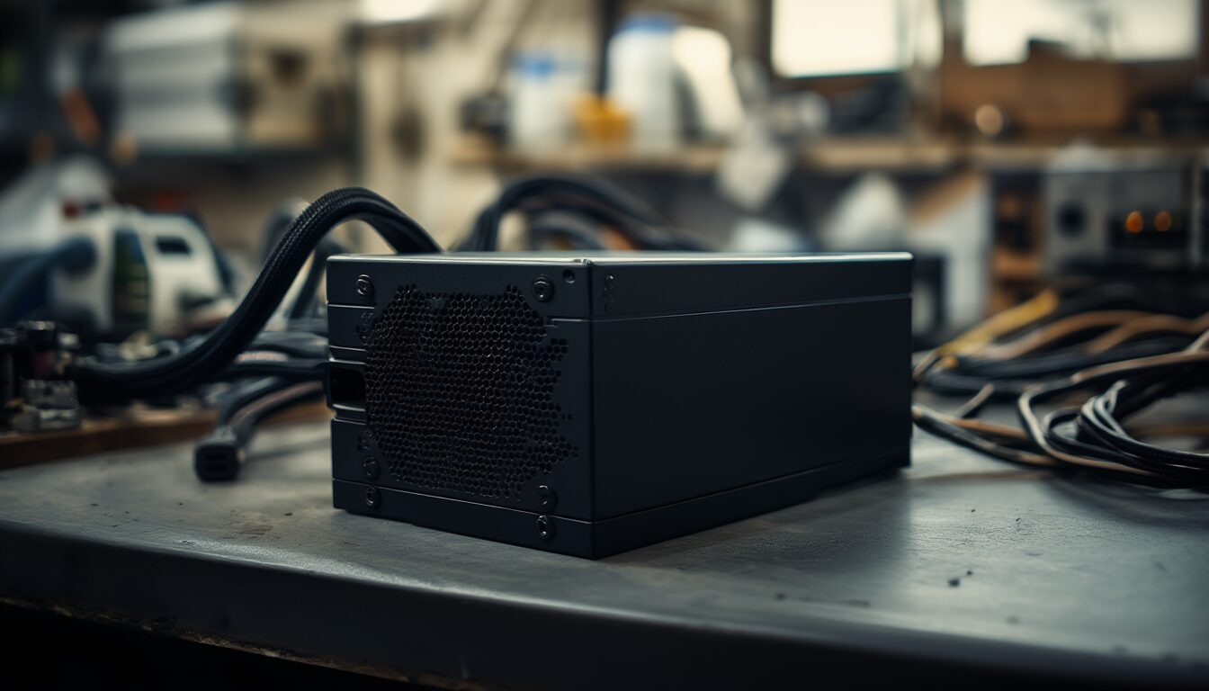 Modernes schwarzes ATX-PC-Netzteil mit modularen Kabeln auf einer Werkbank