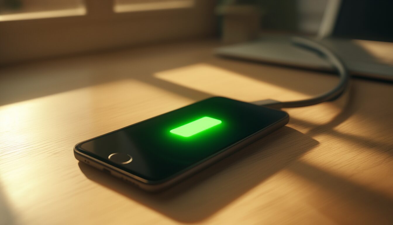 Smartphone mit eingestecktem Ladekabel auf einem Holzschreibtisch, Akkusymbol leuchtet auf dem Display.