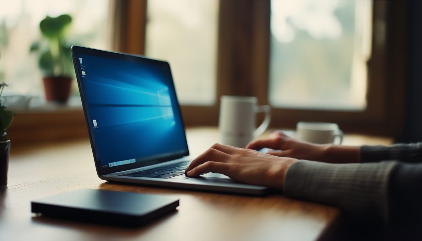 Antivirus-Software deinstallieren: 3 Wege, wenn Windows blockiert 1 Hände an einem Laptop auf einem Holzschreibtisch im Homeoffice, daneben eine externe Festplatte – Sinnbild für das Deinstallieren von Antivirus-Software unter Windows
