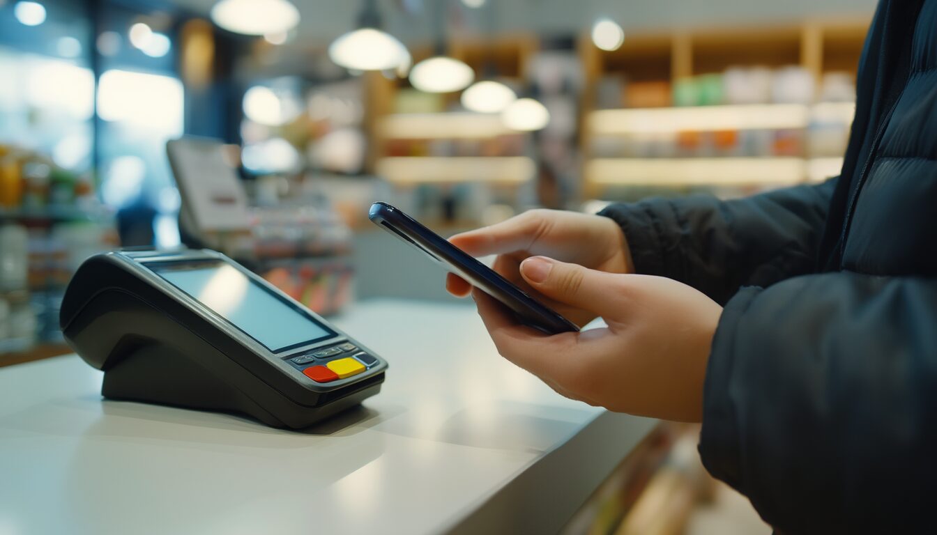 Person hält ein Smartphone zum kontaktlosen Bezahlen an ein Kartenlesegerät an der Ladenkasse