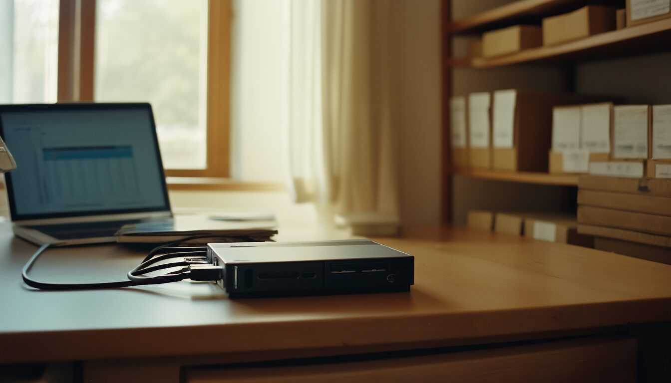 Externe Backup-Festplatte am Laptop neben einem Regal mit archivierten Speichermedien und Belegordnern