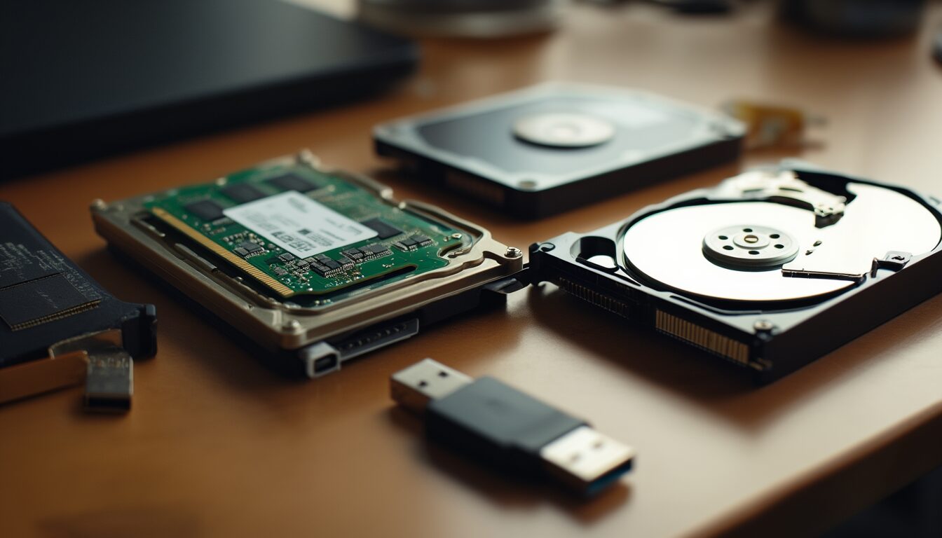 Geöffnete SSD mit sichtbaren NAND-Chips, aufgeschraubte Festplatte und mehrere USB-Sticks nebeneinander auf einem Schreibtisch