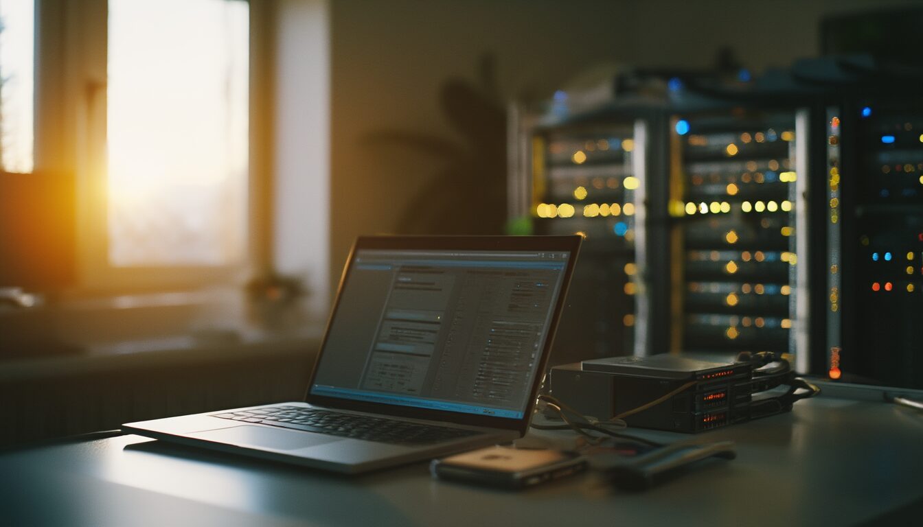 Laptop mit laufendem Backup und zwei externen Festplatten auf einem Schreibtisch, im Hintergrund angedeutete Cloud-Server