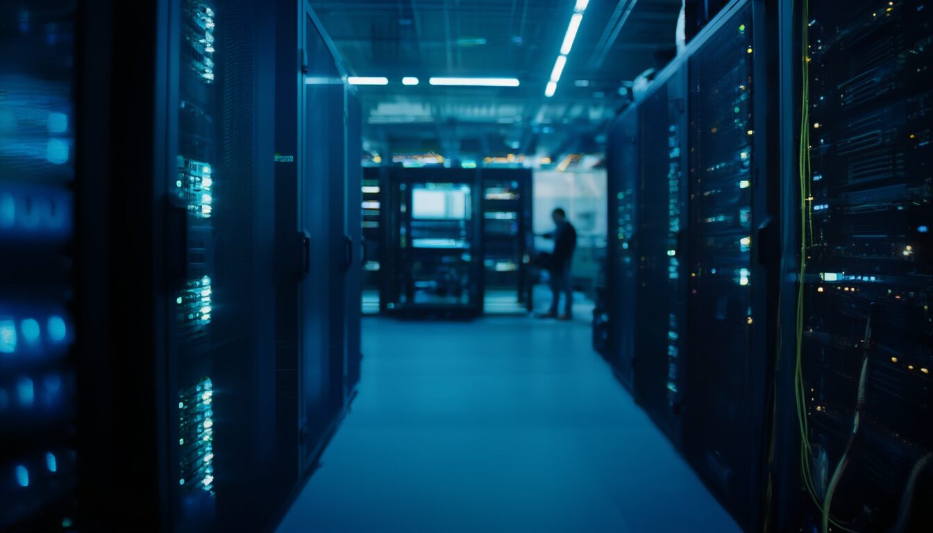 Serverraum mit beleuchteten Server-Racks und einer externen Backup-Festplatte, die für eine Datensicherung angeschlossen wird