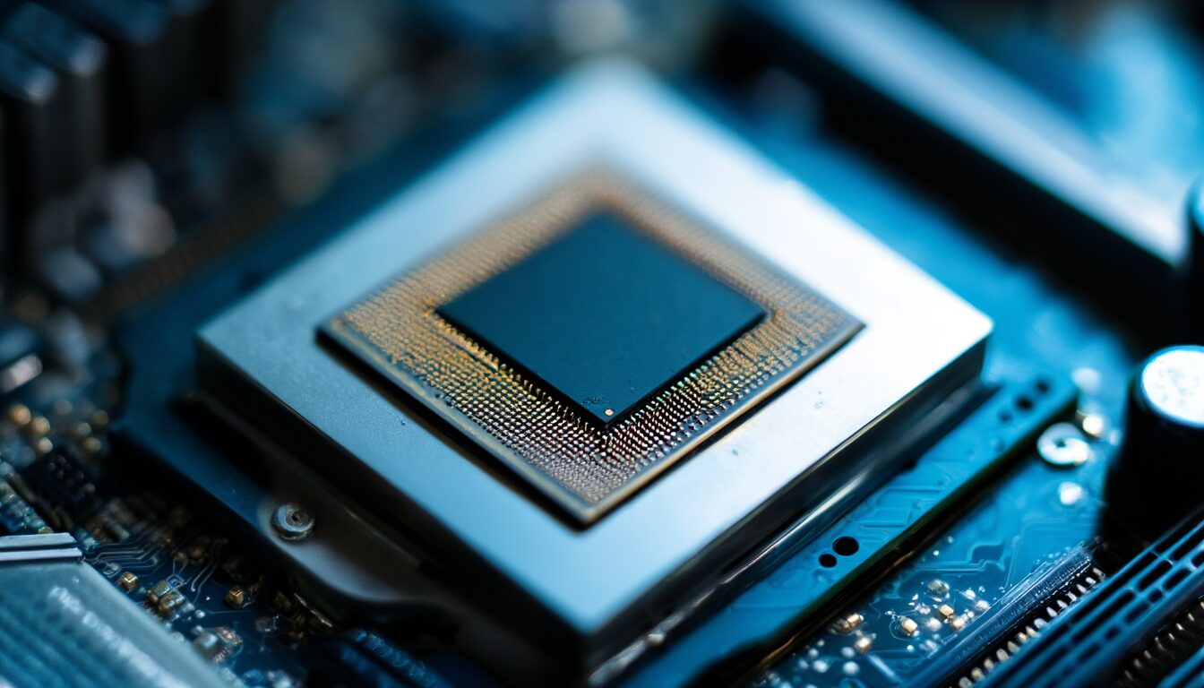 Moderner Desktop-Prozessor im geöffneten Mainboard-Sockel als Sinnbild für CPU-Kerne und Threads