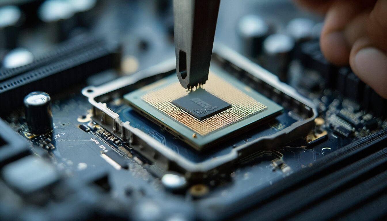 Nahaufnahme eines offenen AM5-CPU-Sockels auf einem Mainboard, ein Prozessor wird zum Einsetzen darübergehalten