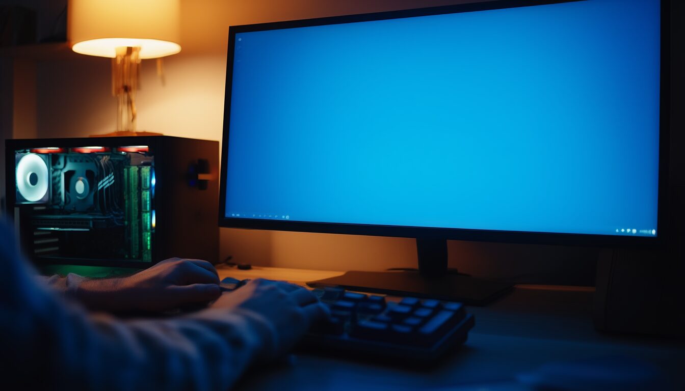 CRITICAL_PROCESS_DIED beheben: Bluescreen-Schleife stoppen 7 Person am dunklen Schreibtisch vor einem blau leuchtenden Monitor, daneben ein geöffnetes PC-Gehäuse mit RAM-Riegeln und Mainboard