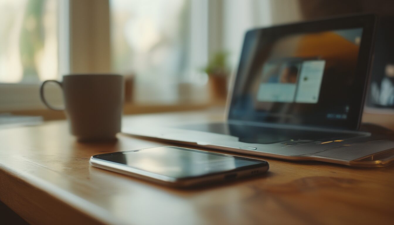 Smartphone und Laptop nebeneinander auf einem Schreibtisch, während ein Foto kabellos übertragen wird