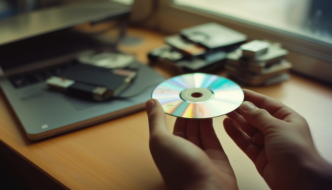 Hände halten eine alte CD neben externem USB-Laufwerk und 3,5-Zoll-Disketten am Schreibtisch