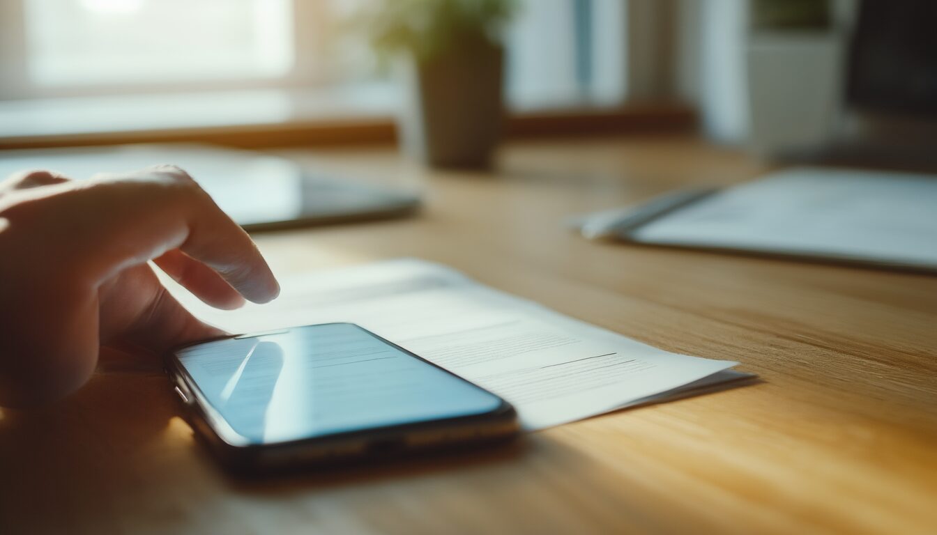 Hand hält ein Smartphone über ein Papierdokument auf dem Schreibtisch und scannt es als PDF.