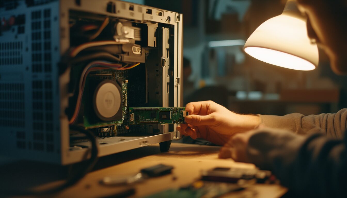 DPC_WATCHDOG_VIOLATION beheben: der SSD- und Treiber-Fix 7 Techniker verbindet ein SATA-Kabel mit einer SSD in einem geöffneten PC auf der Werkbank