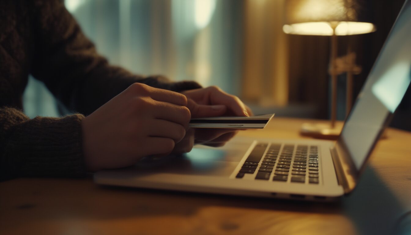 Person hält eine Kreditkarte vor einem Laptop beim Online-Einkauf am Schreibtisch