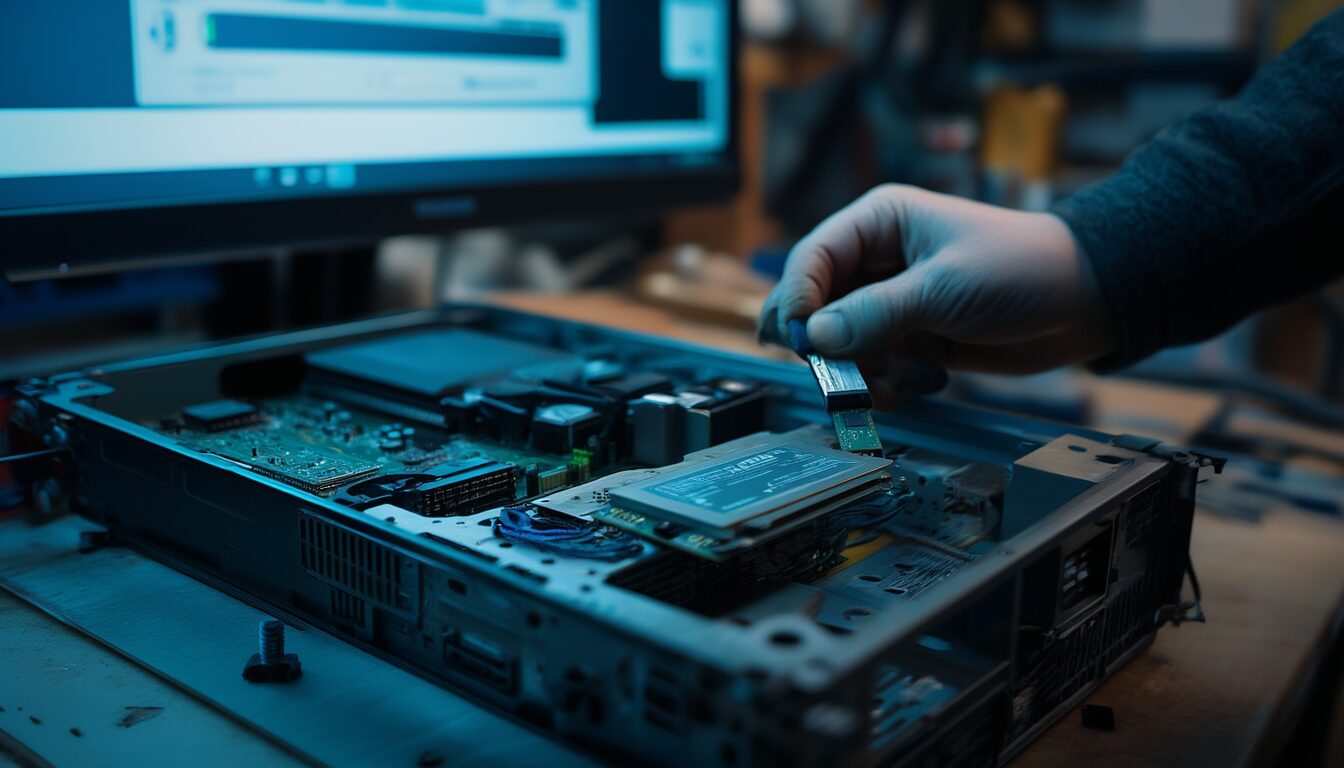 Techniker verbindet am geöffneten PC eine SSD, um einen Windows-Bootfehler zu diagnostizieren
