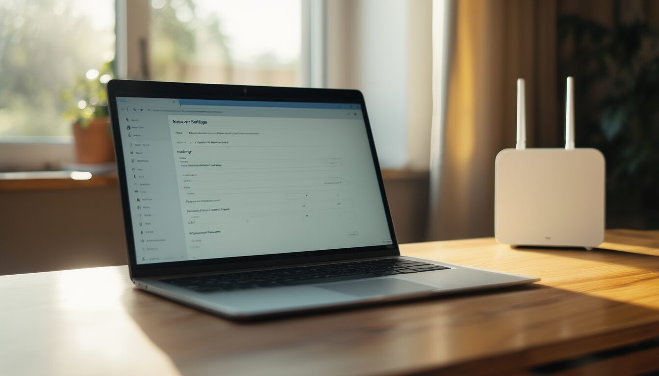 Laptop auf einem Schreibtisch zeigt WLAN-Netzwerkeinstellungen, im unscharfen Hintergrund ein WLAN-Router